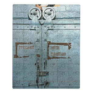 Proceed with caution blue grey industrial door jigsaw puzzle