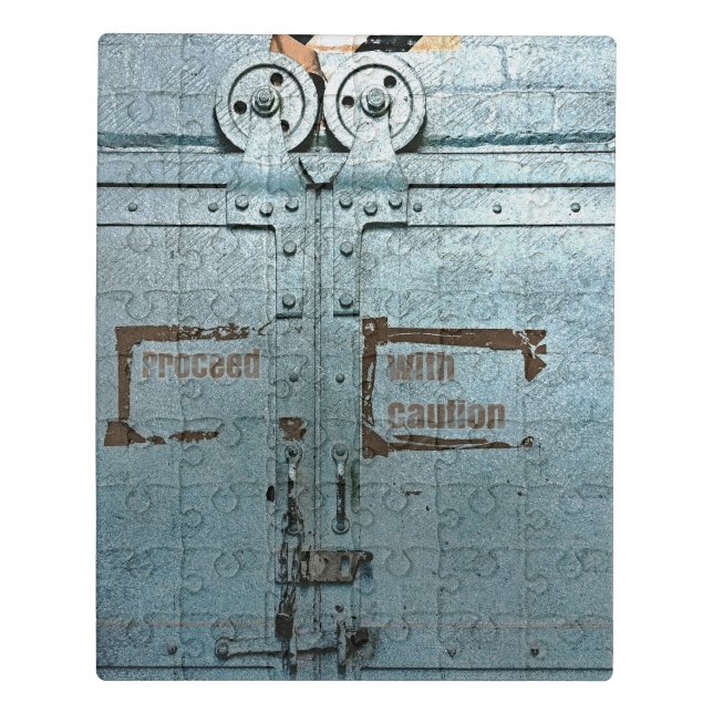 Proceed with caution blue grey industrial door jigsaw puzzle (Puzzle Vertical)