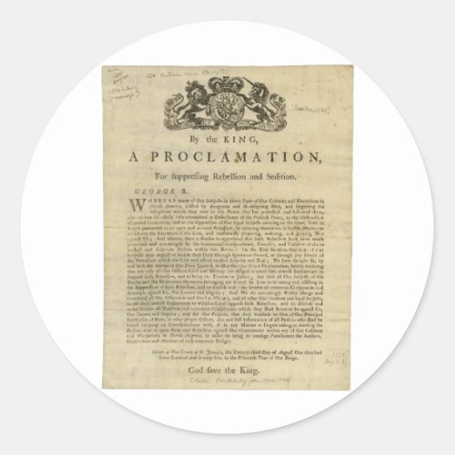 Proclamation by the King for Suppressing Rebellion Classic Round Sticker