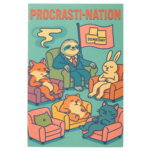 Procrasti-Nation – Cozy Cartoon Metal Print (Front)