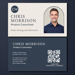 Product Consultant Photo QR Code Navy Blue Business Card