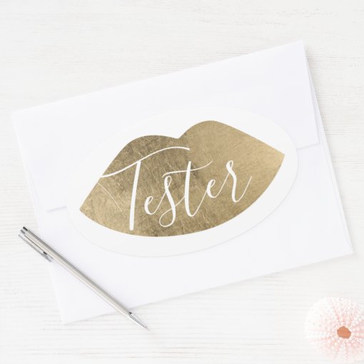 Product Tester Sample Try Me Modern Gold Lips Oval Sticker Zazzle