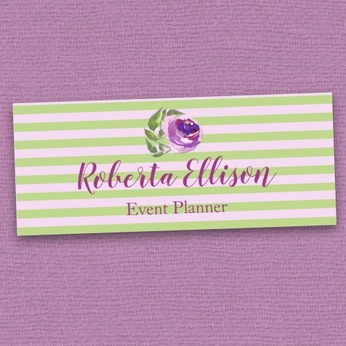 Profession Purple Watercolor Rose Floral Stripes Name Tag