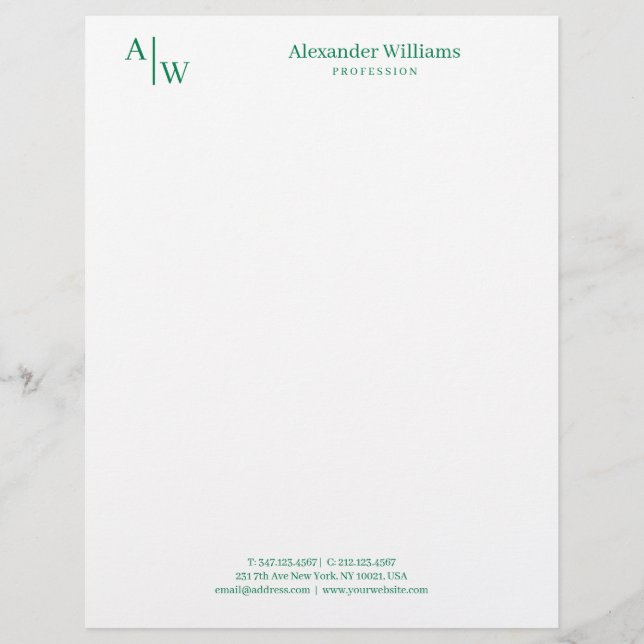 Professional 2 Monogram Minimalist Classic Green Letterhead (Front)