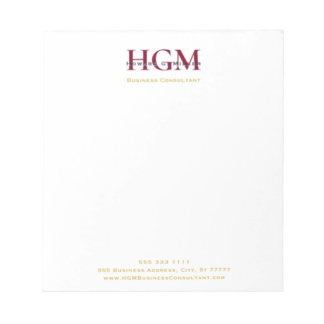 Professional 3 Letter Monogram Burgundy Navy Gold Notepad (Front)
