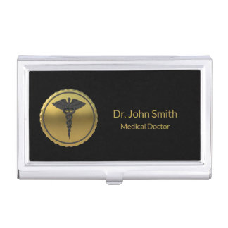 Professional 3D Gold Medical Caduceus Emblem Business Card Case