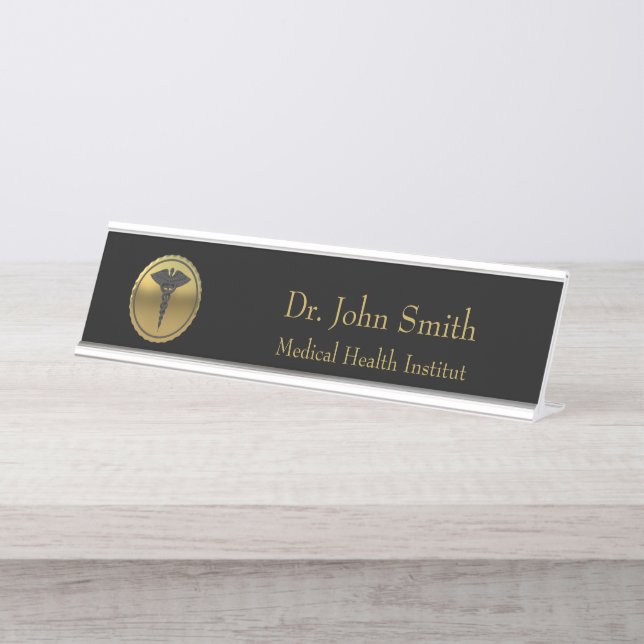 Professional 3D Gold Medical Caduceus Emblem Desk Name Plate (Front)
