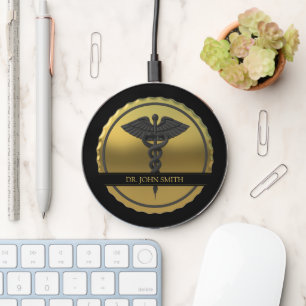 Professional 3D Gold Medical Caduceus Emblem Wireless Charger