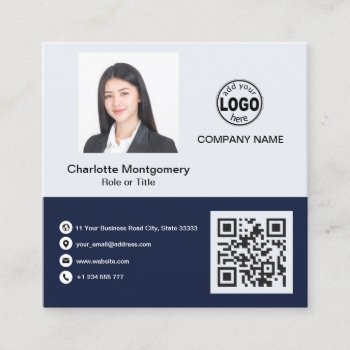 Professional Add Your Logo Qr Code Photo Custom Square Business Card by LitleStarPaper at Zazzle