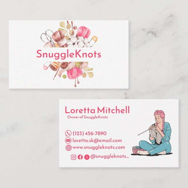 Professional Artistic Beautiful Knitting Pink Cute Business Card (Front/Back)