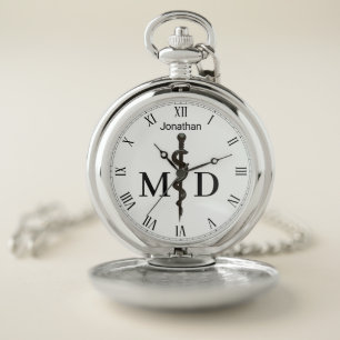Professional Asclepius Black Medical Doctor MD Pocket Watch
