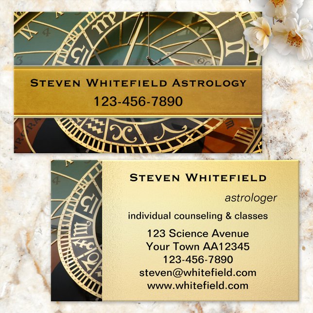 Professional Astrologer Business Card (Professional business card for an astrologer featuring an image of the astrological clock.)