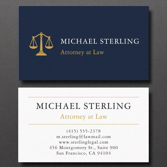 Professional Attorney Law Firm Navy Blue Gold Business Card (Creator Uploaded)