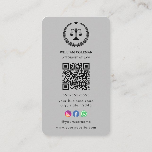 Professional Attorney Lawyer Justice Scale Qr Code Business Card (Back)