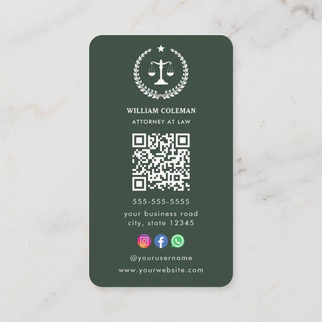 Professional Attorney Lawyer Justice Scale Qr Code Business Card (Back)