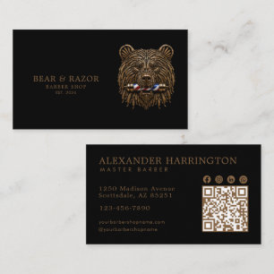 Professional Barber Shop Bronze Bear Qr Code Business Card