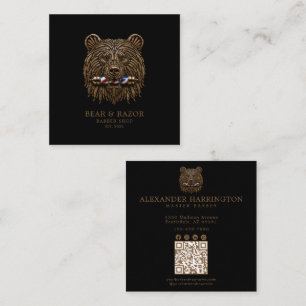 Professional Barber Shop Bronze Bear Qr Code Square Business Card