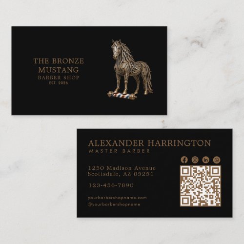 Professional Barber Shop Bronze Mustang Qr Code Business Card