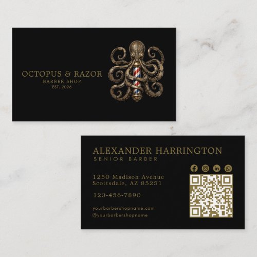 Professional Barber Shop Bronze Octopus Qr Code Business Card