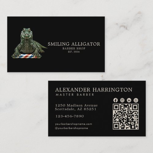 Professional Barber Shop Emerald Alligator Qr Code Business Card