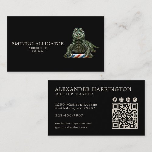 Professional Barber Shop Emerald Alligator Qr Code Business Card