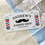 Professional barber shop hair salon custom car license plate<br><div class="desc">Professional barber shop hair salon custom car License Plate with mustache logo. Traditional red and blue stripe barber pole drawing for men's hair salon. Stylish gift for hair salon owner. Make your own trendy barber shop presents for boss, coworker, employees etc. Unique hair stylist gift ideas. Personalized with your own...</div>