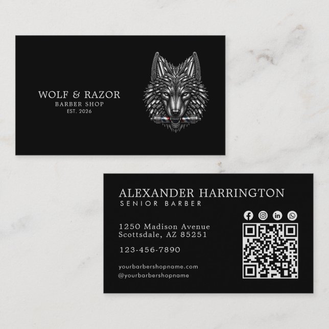 Professional Barber Shop Silver Wolf Qr Code Business Card (Front/Back)