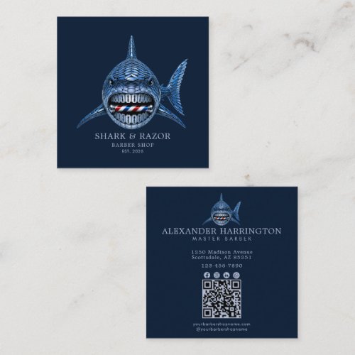 Professional Barber Shop Steel Shark Qr Code Square Business Card