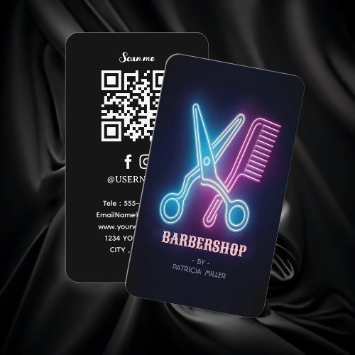 Professional Barbershop Neon Barbers Scissors Business Card