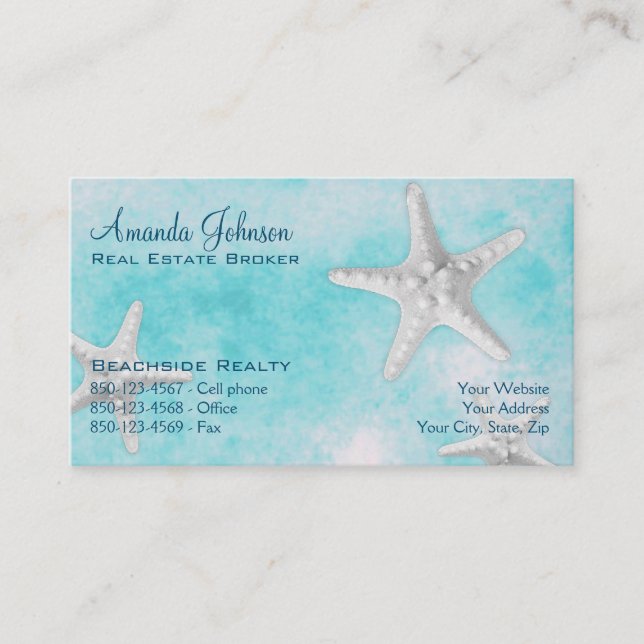 Professional Beach Real Estate Starfish Blue Business Card (Front)