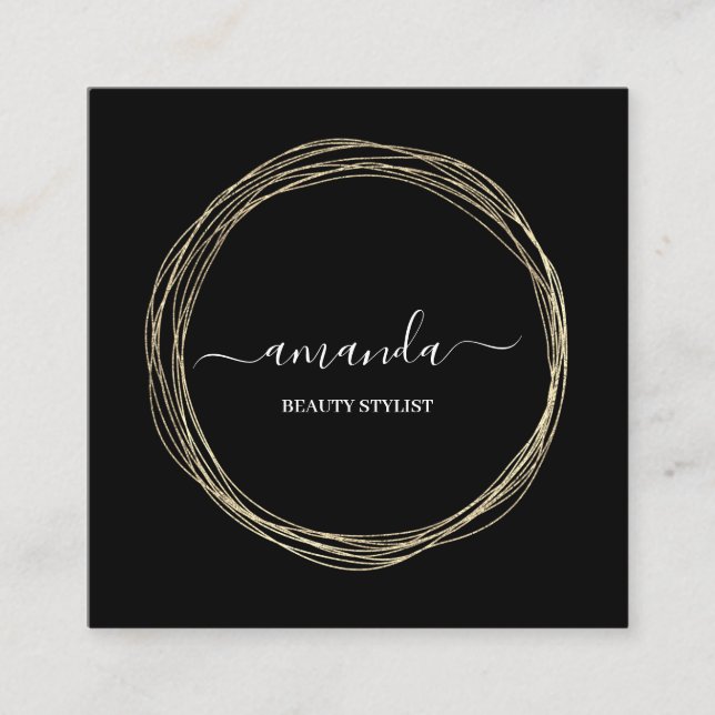 Professional Beauty Makeup Logo Golden Frame Black Square Business Card (Front)