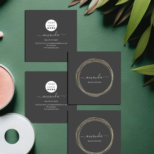 Professional Beauty Makeup Logo Golden Frame Gray  Square Business Card