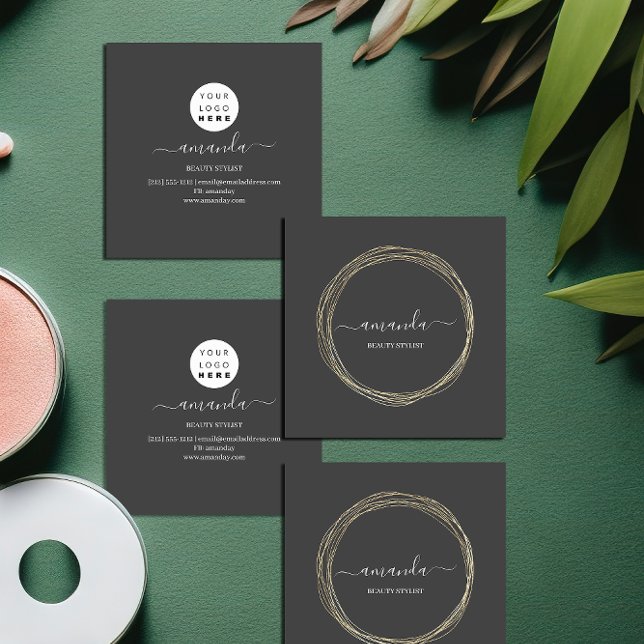 Professional Beauty Makeup Logo Golden Frame Gray  Square Business Card (Professional Beauty Makeup Logo Golden Frame Gray Square Business Card)