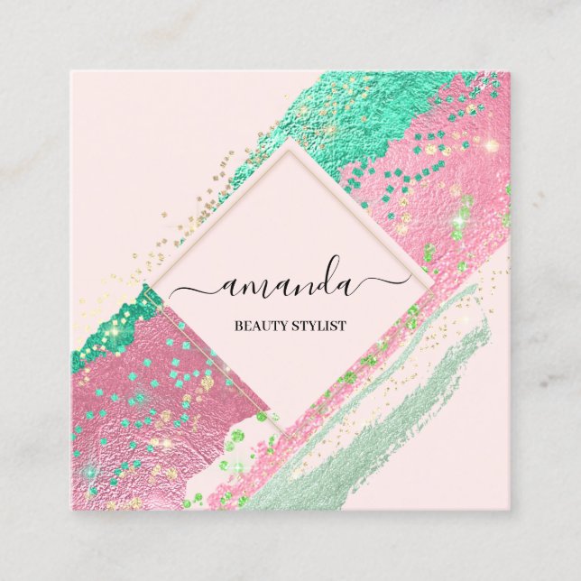 Professional Beauty Makeup Logo Pink Rose Square Business Card (Front)