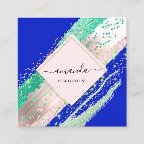 Professional Beauty Makeup Logo Rose Blue Blush Square Business Card