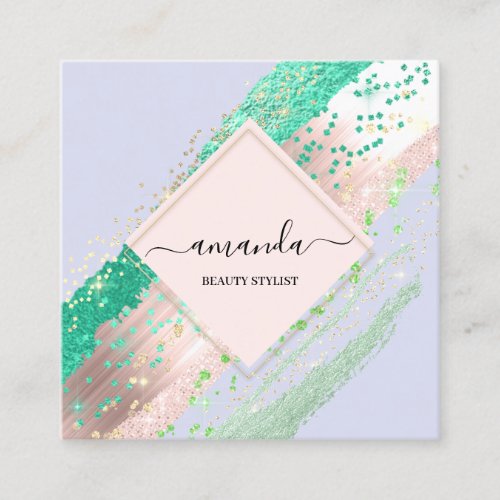 Professional Beauty Makeup Logo Rose Blue Pastel Square Business Card