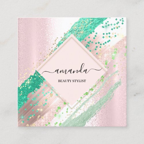 Professional Beauty Makeup Logo Rose Paint Green Square Business Card