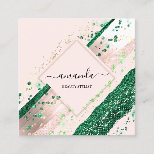 Professional Beauty Makeup Logo Rose Stroke Green Square Business Card