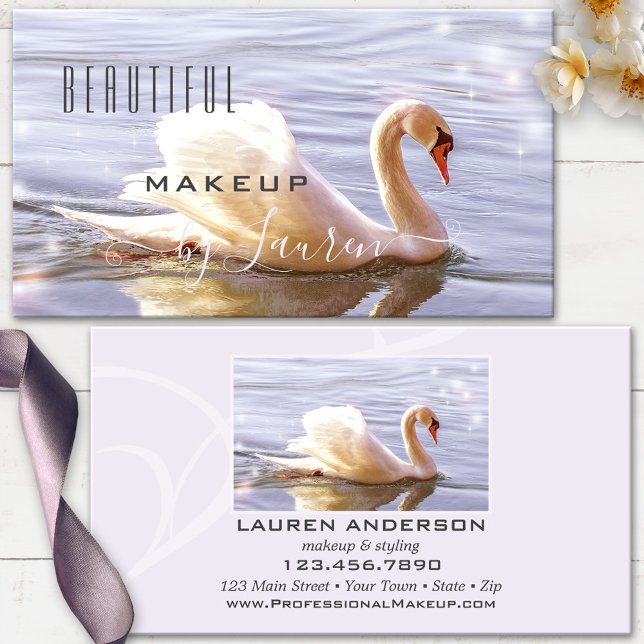 Professional Beauty Swan Makeup Photo  Business Card (Business card featuring a beautiful swan in sparkling water - beautician, makeup artist, stylist)