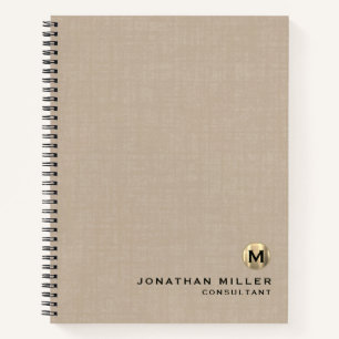 Professional Beige Linen Gold Monogram Notebook
