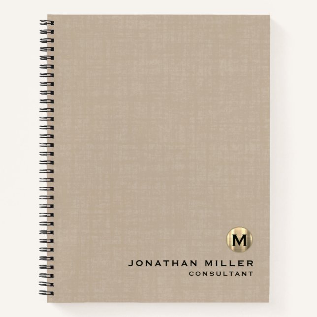 Professional Beige Linen Gold Monogram Notebook (Front)