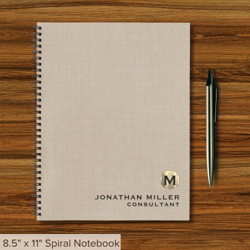 Professional Beige Linen Gold Monogram Notebook