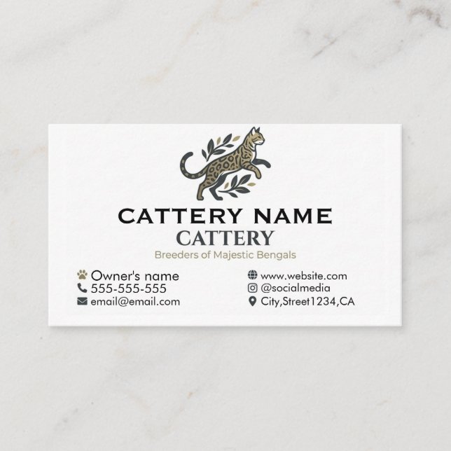 Professional Bengal Cat Cattery Customizable  Business Card (Front)