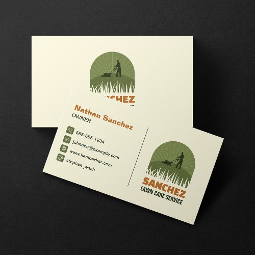 Professional Biege Green Lawncare Gardening Mowing Business Card