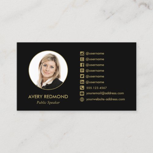 Professional Black Add Photo Social Media Icons Business Card