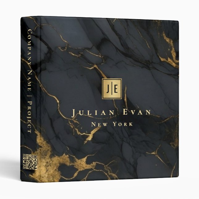 Professional Black Agate Gold Qr code Monogram 3 Ring Binder (Front/Spine)