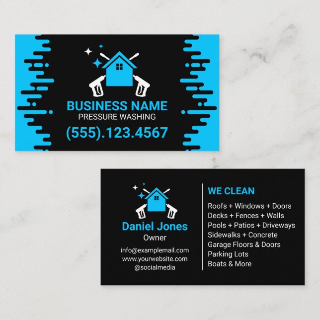 Professional Black and Blue Pressure Washing Business Card (Front/Back)