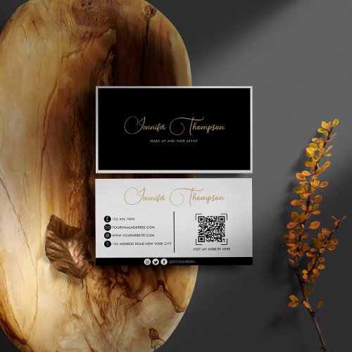 Professional Black and Gold Script QR Code Business Card