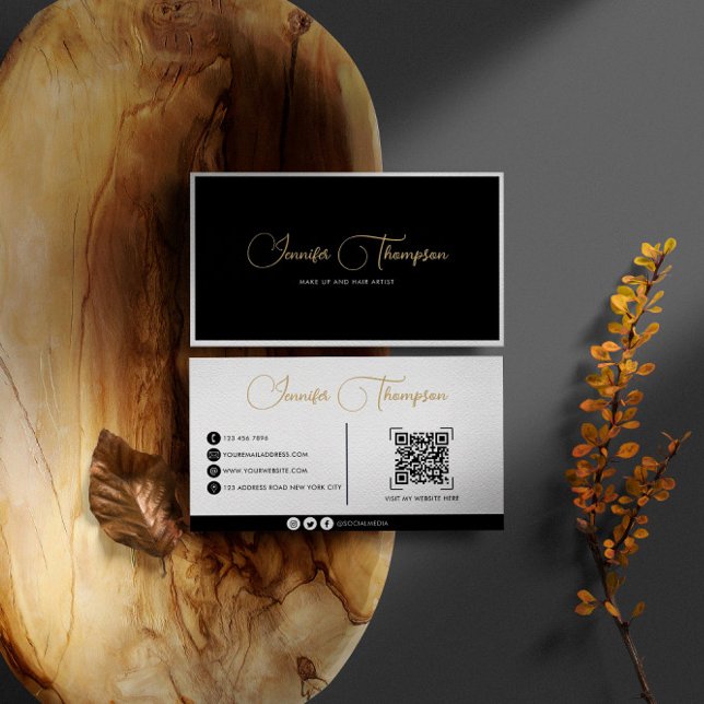 Professional Black and Gold Script QR Code Business Card (Creator Uploaded)