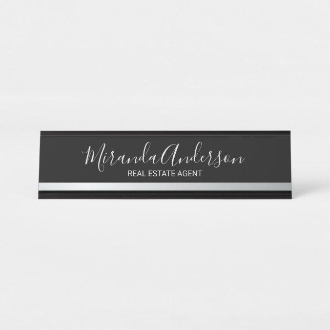 Professional Black and Silver with Script Name Desk Name Plate (Front)